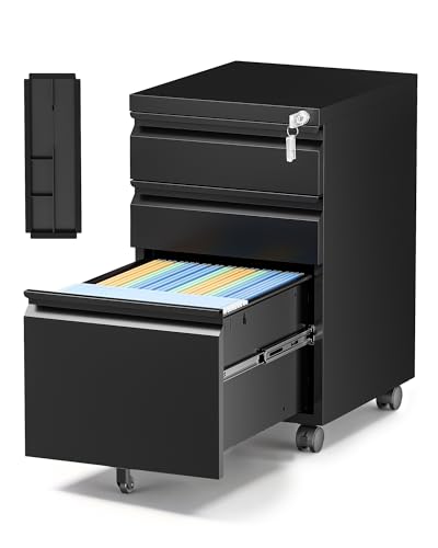 3 Drawer Mobile File Cabinet with Lock,Under Desk Rolling File Cabinet for Home Office Fits Legal/Letter/A4 File (Unassembled,Black) - color: Black, size: 14.6"W x 24.4"H x 17.3"D