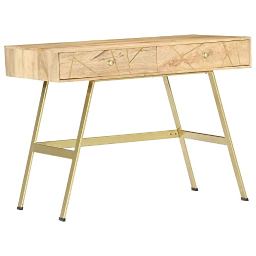 Industrial Writing Desk 39.4 inch Solid Mango Wood Workstation with 2 Drawers Beige Lacquered Small Computer Desk for Home Office Bedroom Living Room - color: Beige, size: 21.7 x 39.4 x 29.5 in (W x L x H)