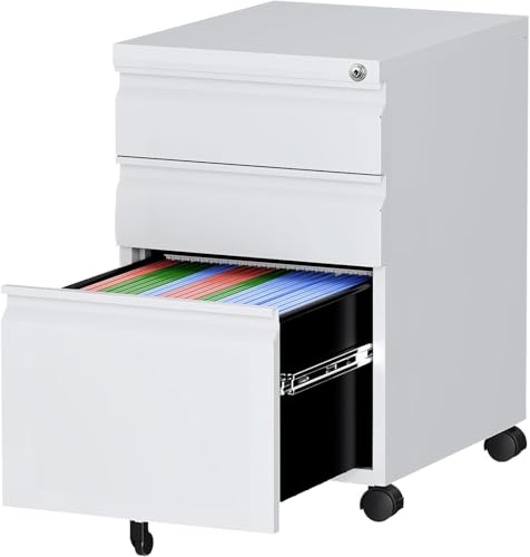 Letaya 3 Drawer Mobile File Cabinet with Lock, Under Desk Metal Rolling Filing Cabinets for Home Office Organizer Letters/Legal/A4 (White- Requires Installation) (White) - color: White, size: Requires assembly 24.40"H