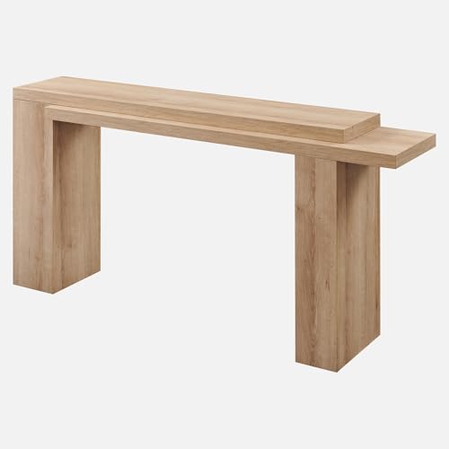 OKD 63" Modern Geometric Console Table with Layered Top, Natural Oak | Extended Layered Top, Sturdy Support Legs, Entryway, Hallway, Foyer, Living room, Behind Sofa - color: Natural Oak