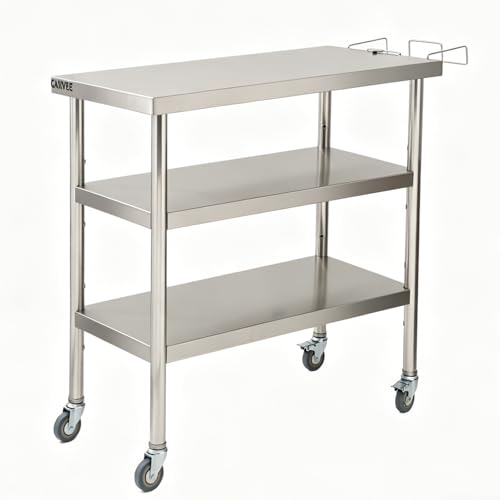 Garvee Stainless Steel Straight Edge Work Table 36 inch Triple Layer with Casters & Garbage Shelf, Heavy Duty Commercial Prep Table, 0.7mm Thick - size: 36*24*35inch - with casters + trash rack