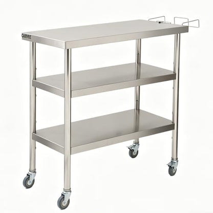 Garvee Stainless Steel Straight Edge Work Table 36 inch Triple Layer with Casters & Garbage Shelf, Heavy Duty Commercial Prep Table, 0.7mm Thick - size: 36*24*35inch - with casters + trash rack