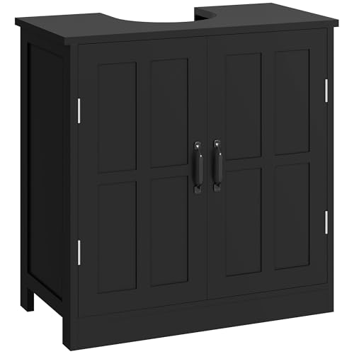 kleankin Pedestal Sink Storage Cabinet, Under Sink Cabinet with 2 Doors and Adjustable Shelf, Bathroom Vanity with U-Shape Cut-Out, Black - color: Black
