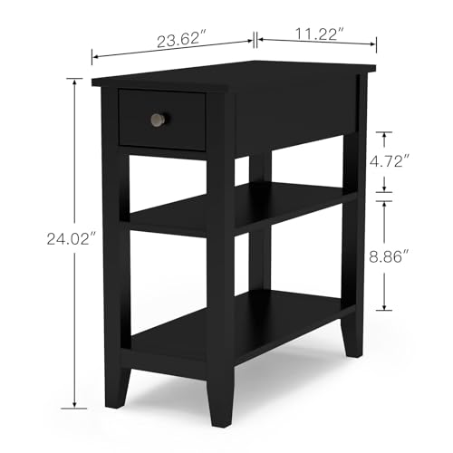 ChooChoo Side Table Living Room, Narrow End Table with Drawer and Shelf, 3-Tier Sofa End Table for Small Space, Black - color: Ink Black