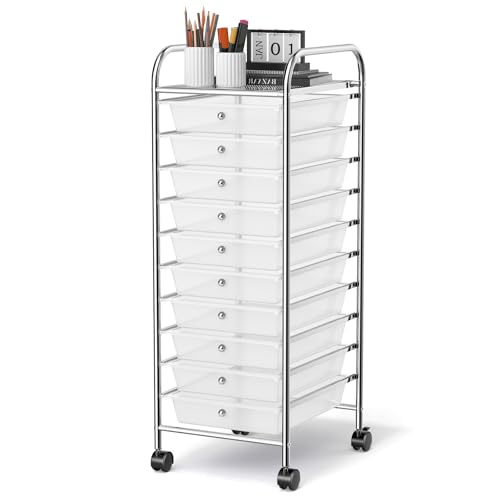 GLACER 10 Drawers Rolling Cart, Storage Cart with w/Removable Drawers & Steel Frame, Utility Mobile Trolley w/Universal Casters & 2 Brakes, Organizer Cart for Home, School, Office (Clear) - color: Clear, size: 10 Drawers (Small)
