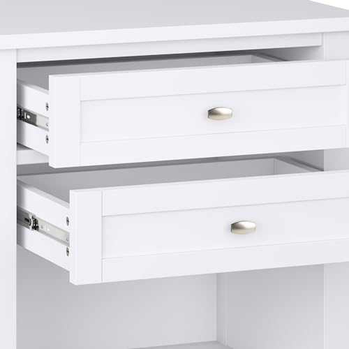 SIMPLIHOME Warm Shaker Bedside Table - 24 inch Wide Solid Wood Nightstand in White, Transitional Bedroom Side or End Table with 2 Drawers, Open Shelf Storage and Brushed Nickel Hardware - color: White