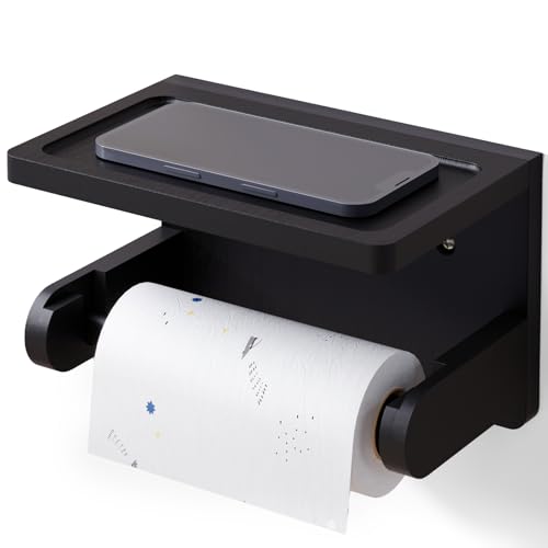 VERTORGAN Toilet Paper Holder with Phone Shelf,Bamboo Wall Mounted Tissue Roll Holder for Bathroom(Black) - color: Black, size: 1 PC