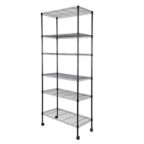Simple Deluxe 6-Tier Shelving Units, 29.92'' W x 13.98'' D x 71.65'' H Adjustable Wire Shelving with Hanging Hooks and Wheels, Black - color: Black, size: 6-Tier, 30"W x 14"D x 72"H