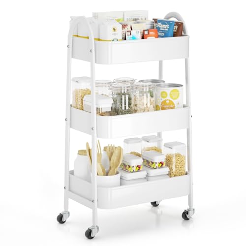 3 Tier Rolling Cart Under Desk, Large Metal Storage Cart with Handle and Lockable Wheels, Big Multifunctional Storage Organizer Trolley for Kitchen, Living Room, Office, Garage (White) - color: White, size: Large