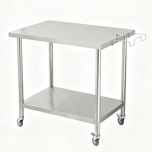 Garvee Stainless Steel Straight Edge Work Table 48 inch Double Layer with Casters & Garbage Shelf, Heavy Duty Commercial Prep Table, 0.7mm Thick - size: 48*24*35 inch - with casters + trash rack