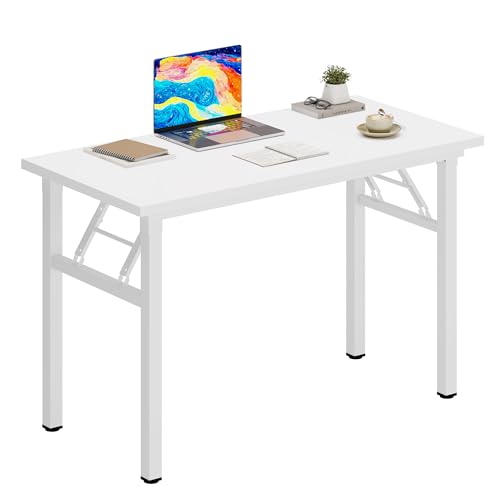 DlandHome 31.5 Inch Small Folding Computer Desk for Home Office, White | Foldable Writing Table for Small Spaces Bedroom, No Assembly Required, Wood Top Metal Frame, Collapsible Compact Easy Storage - color: White + White, size: 31.5 Inches