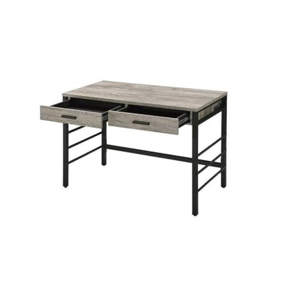 Pemberly Row Industrial Writing Desk, Weathered Oak Finish, Metal Ladder Base, USB Ports, 2 Drawers, Crossbar Support, Contemporary Home Office Desk for Writing and Productivity