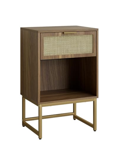 Masupu Rattan Nightstand,Modern Night Stand Boho Farmhouse Wood Bedside Table with Storage Drawer Side End Table for Bedroom, Office,Walnut Brown - color: Rattan-walnut Brown