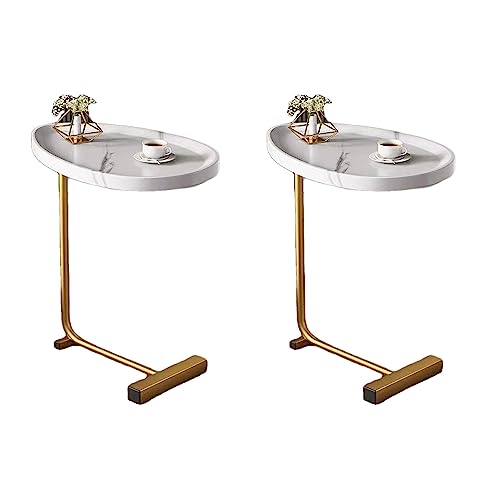 C-Shaped Side Table & End Table for Small Spaces and Living Room, Modern Nightstand Suit for Sofa Couch and Bed, White Oval top with Golden Metal Frame 2PCS 17.72"X11.8"X23.62" - color: White