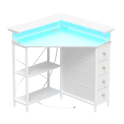 VENNQD Corner Desk with Drawers Shelves for Small Space 90 Degrees Triangle Computer Desk with Power Outlets,Gaming Desk with LED Lights Monitor Stand for Home Office Workstation Writing Table (White) - color: White