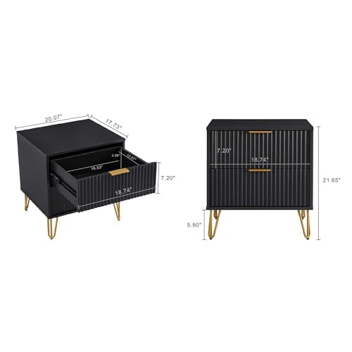 20" Sturdy Metal Legs Small Nightstand, Modern Nightstand with Textured Drawers, Storage Cabinet for Indoor Home use, Black - color: Black