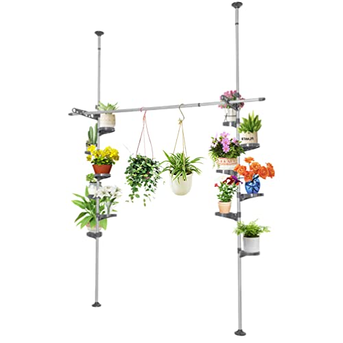 BAOYOUNI Indoor Plant Pole Stand Double Tension Rods Flower Pot Storage Shelf Holders Floor to Ceiling Display Rack Hanger with 12 Trays, 2 Hooks & 1 Telescopic Rod for Clothes Drying, Grey - color: Grey, size: 2 x 7 Tier