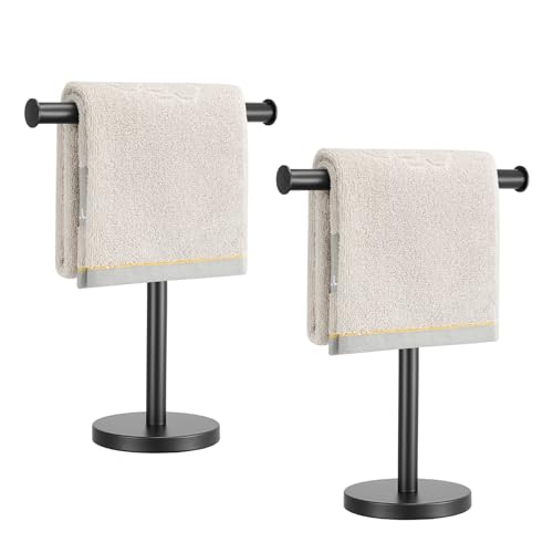 Hand Towel Holder, 2 Pack T-Shape Towel Holder Stand, Black | Weighted Stainless Steel Base Helps Prevent Tipping While The Open T-Shape Keeps Towels Dry on Bathroom Countertops - color: T-black-2 Pack