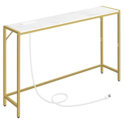 MAHANCRIS Console Table, Narrow Sofa Table, 43.7” Entrance Table with Power Station, Behind Couch Table, Simple Style, for Living Room, Hallway, Entryway, Foyer, Marble and Gold CTJM112E01 - color: Marble, Gold