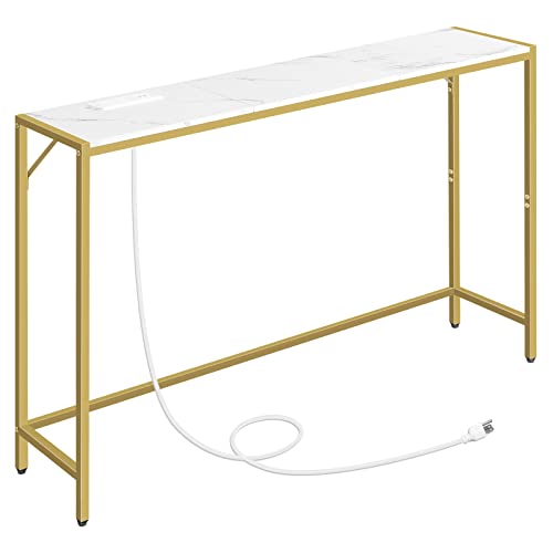 MAHANCRIS Console Table, Narrow Sofa Table, 43.7” Entrance Table with Power Station, Behind Couch Table, Simple Style, for Living Room, Hallway, Entryway, Foyer, Marble and Gold CTJM112E01 - color: Marble, Gold