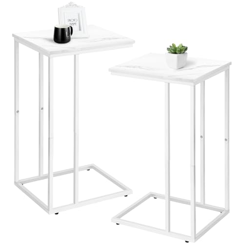 Possile C Shaped End Table Set of 2 for Sofa and Bed, Slide Under Couch Tables, Side Table With Faux Marble Top, Small Under Table Tray for Living Room, Bedroom, White - color: White