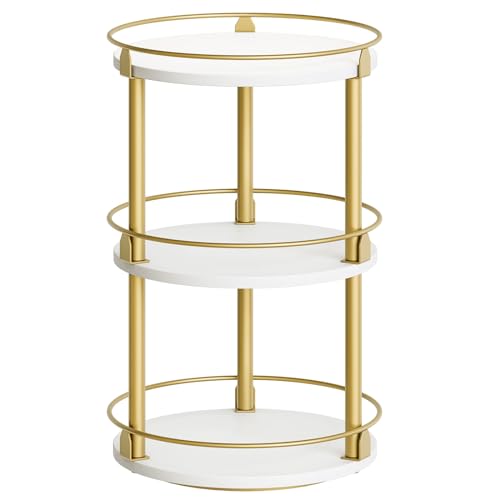 3-Tier Lazy Susan, Rotating Spice Rack, Spinning Organizer, Industrial Turntable Spice Rack for Cabinet, Kitchen Countertop, Pantry, White and Gold SR23DW - color: White + Gold, size: 10.2"L x 10.2"W x 18"H