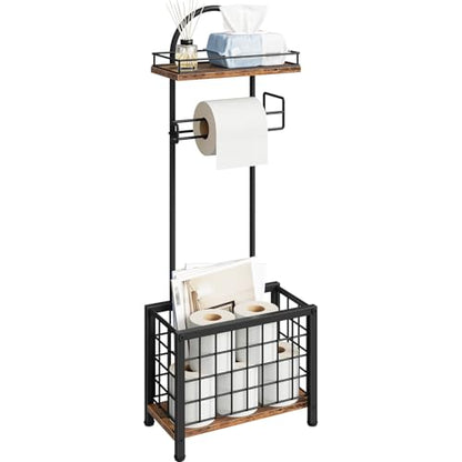 Toilet Paper Holder Stand, Freestanding Toilet Paper Holder with Shelf & Basket, Bathroom Tissue Organizer for Small Space, 3-Tier Storage for Bath Toilet Office Rustic Brown and Black TTS70BF