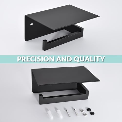 APLusee Matte Black Toilet Paper Holder with Shelf, Left Side 304 Stainless Steel Tissue Hanger, Wall Mounted - color: Matte Black