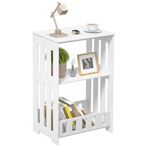 HAYOFAMY 3 Tier Side Table Night Stand White | Narrow End Table, Small Bookcase Bookshelf, Simple Bedside Table Storage Rack for Bedroom, Living Room, Office, Bathroom