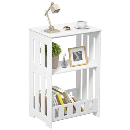 HAYOFAMY 3 Tier Side Table Night Stand White | Narrow End Table, Small Bookcase Bookshelf, Simple Bedside Table Storage Rack for Bedroom, Living Room, Office, Bathroom