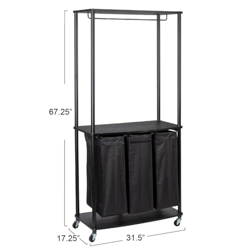 Household Essentials 3-Bag Laundry Center, Smooth Laminate Shelving, Sturdy Steel Frame - color: Black, size: 31.5"L x 17.3"W x 67.3"H