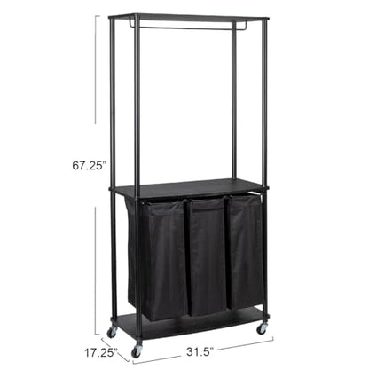 Household Essentials 3-Bag Laundry Center, Smooth Laminate Shelving, Sturdy Steel Frame - color: Black, size: 31.5"L x 17.3"W x 67.3"H