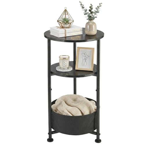 Small Round Side Table with Storage Basket, 3-Tier Narrow End Table Nightstand for Living Room Bedroom, 11.8" Diameter Modern Bedside Table for Small Spaces, Wood Grain & Metal Frame (Black) - color: Black