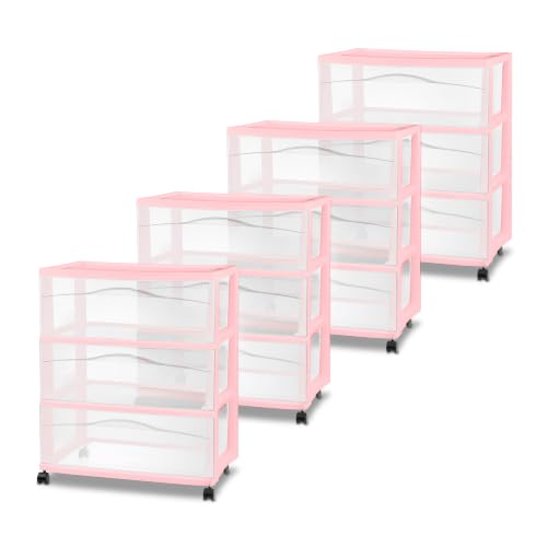Sterilite 4 Pack Wide 3 Drawer Storage Cart, Rolling Organization, Pink | Clear Plastic Organizer Drawers with Wheels for Craft Supplies, Bath Essentials, or Home Accessories - color: Pink, size: 4-Pack