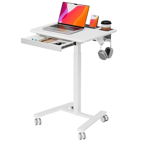 Small Mobile Standing Desk with Drawer, 23.6"x19.7" Rolling Laptop Cart on Wheels, Height Adjustable Sit Stand Computer Workstation with Storage for Compact Space, White - color: White, size: 24"