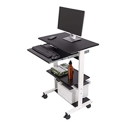Stand Up Desk Store Mobile Rolling Adjustable Height Standing Workstation with Printer Shelf and Slideout Keyboard Tray (White Frame/Black Top, 30" Wide) - color: White/Black