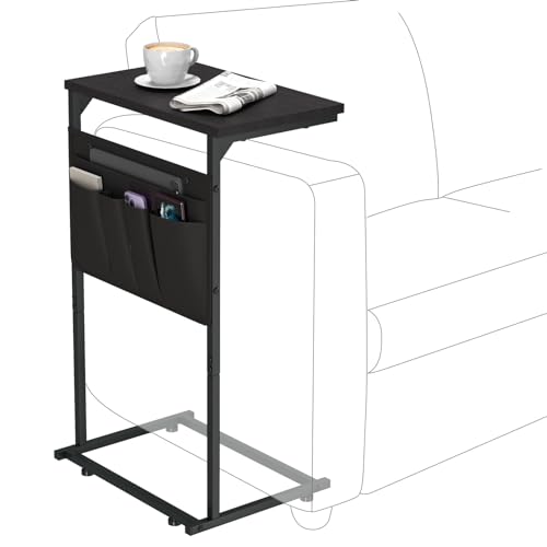 C Shaped End Table, Small Sturdy Side Sofa Table with Metal Frame for Living Room and Bedroom, Slide Under Table Couch Side Tables with Storage Bag, Black ZER-007B - color: Black