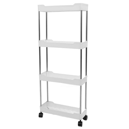 Slim Storage Cart Rolling Utility Organizer Compact Slide Out Shelving for Kitchen Bathroom PP Stainless Steel White 4 Tier 4.9 Inch Baskets with Wheels Hooks - color: White