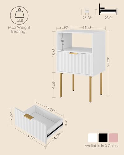 Nightstand,Modern Bedside Table with Gold Frame,White Night Stand,Bedside Furniture, Modern Side Table with Drawer and Shelf for Bedroom,Living Room (White) - color: White