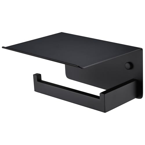 APLusee Matte Black Toilet Paper Holder with Shelf, Left Side 304 Stainless Steel Tissue Hanger, Wall Mounted - color: Matte Black