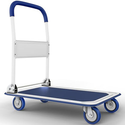 Heavy Duty Foldable Push Cart Dolly | 660 lbs. Capacity | Upgraded Collapsible Hand Truck Folding Platform with Swivel Wheels | Flat Bed Moving Wagon | Space Saving Push Handle (Blue) - color: Blue, 660 Lbs. Capacity