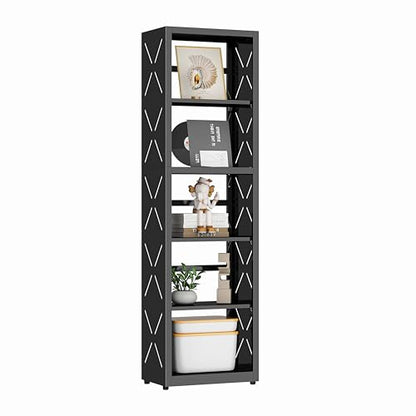 Polup Book Shelf, 5 Tier Metal Bookcase with Adjustable Shelves, Tall Narrow Bookshelf with Bookends, Black Display Shelves for Living Room, Home Office, Library - color: Black, size: 5 Tier-16" W