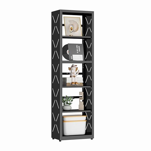 Polup Book Shelf, 5 Tier Metal Bookcase with Adjustable Shelves, Tall Narrow Bookshelf with Bookends, Black Display Shelves for Living Room, Home Office, Library - color: Black, size: 5 Tier-16" W