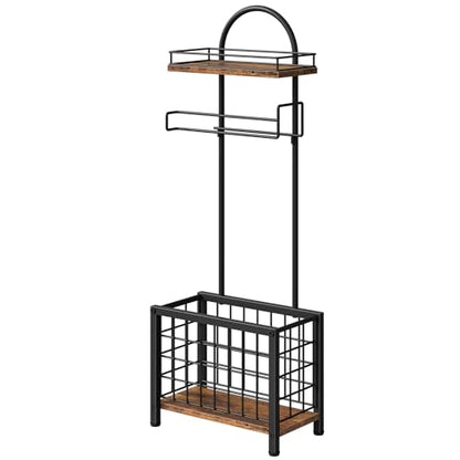 Toilet Paper Holder Stand, Freestanding Toilet Paper Holder with Shelf & Basket, Bathroom Tissue Organizer for Small Space, 3-Tier Storage for Bath Toilet Office Rustic Brown and Black TTS70BF
