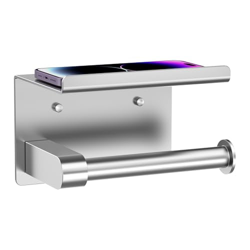 Bntuk Toilet Paper Holder with Shelf, Self-Adhesive or Screw Wall Mount Toilet Paper Holder with Wipes Storage, Rustproof Stainless Steel Tissue Roll Holder for Bathroom Washroom (Brushed Nickel) - color: Silver