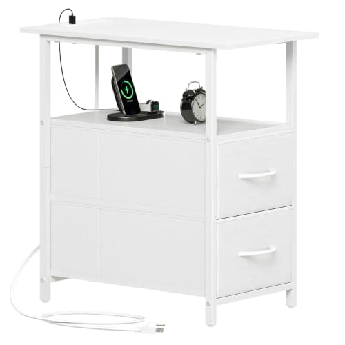 Somdot End Table with Charging Station, Narrow Side Table with 2 Fabric Drawers, Skinny Nightstand with Storage, Small Slim Bedside Table for Living Room, Sofa, Bedroom, Couch, White Leather - color: White Leather