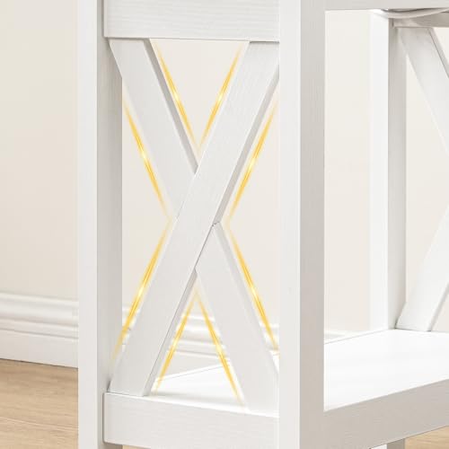 HOOBRO End Table with Charging Station, Farmhouse Narrow Side Table, 2-Tier with Storage Shelves, Slim Nightstand for Small Spaces, Living Room, Bedroom, White and Walnut WH360UBZ01