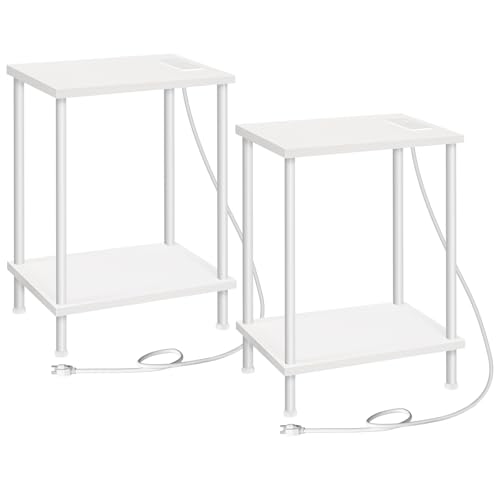 HOOBRO Side Table with Charging Station, Set of 2 End Tables with USB Port and Outlets, Nightstand with 2-Layer Storage Shelves for Small Spaces, Living Room, Bedroom, White WW09UBZP201 - color: White