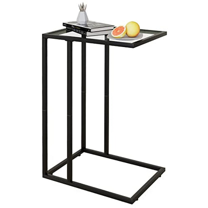 C Table Glass End Table, Couch Side Table, Tempered Glass Snack Side Table with Metal Frame, TV Tray Table for Small Space, Sofa Couch Side Tableand Bed Side Table(Black) - color: Black