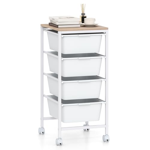GOFLAME 4-Drawer Rolling Storage Cart, Craft Storage Cart with Wooden Tabletop and Lockable Wheels, Art Cart Supply Storage Organizer with Metal Frame for Home Office Classroom, White - color: White, size: 4 Drawer with Wood Top-13"x14.5"x28"